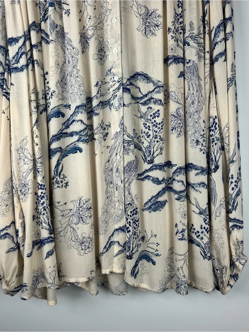 NWOT Free People Metallic Blooms Oversized Boho Floral Blouse Cream Blue Size M